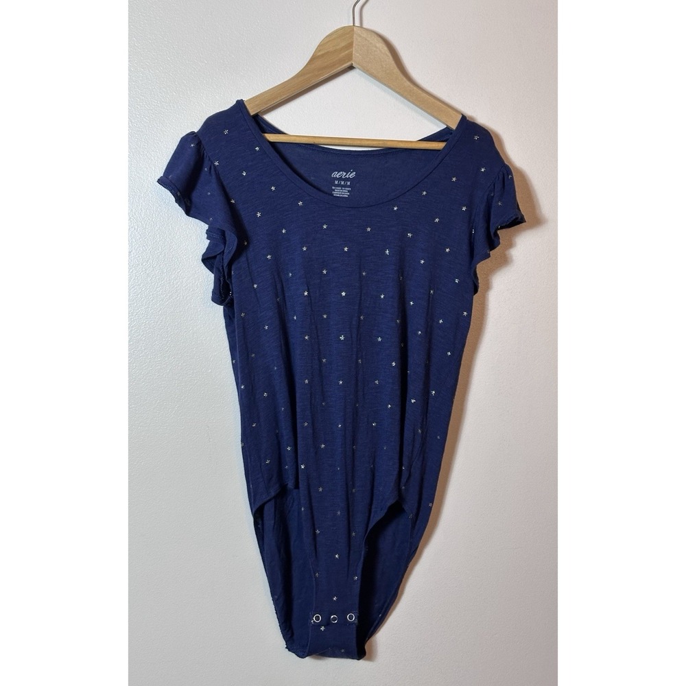 Aerie Superchill Bodysuit Women's Medium Navy Blue Stars Ruffle Sleeve Flowy M